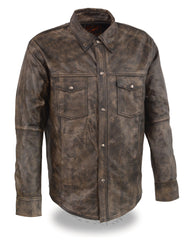 Men's Light weight distressed brn leather shirt with 2 Gun pockets inside