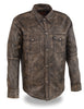 Men's Light weight distressed brn leather shirt with 2 Gun pockets inside 