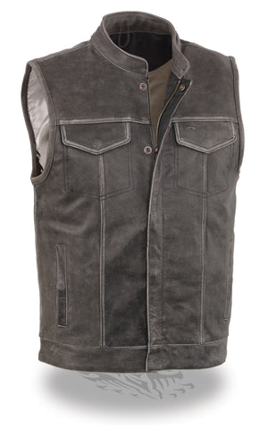Men's Son of anarcy Distressed Grey motorcycle club leather vest with Gun pockets 