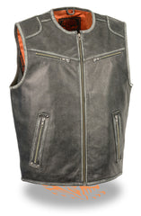Men's Motorcycle Vintage Distressed Grey Zipper Front Leather Vest