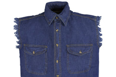 MEN'S MOTORCYCLE BLUE COTTON HALF SLEEVE CUT OFF SHIRT WITH FRAYED SLEEVES