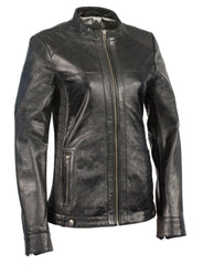 Women's butter soft lamb skin Blk Leather with stand up collar scuba jacket