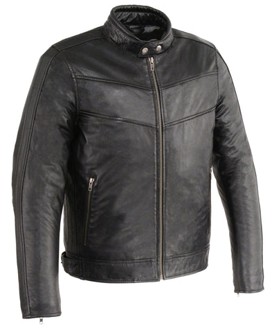 Men's Chinese collar Front zipper leather jacket with side buckles soft leather 