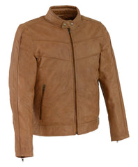 Men's Chinese collar Front zipper Tan Honey leather jacket with side buckles