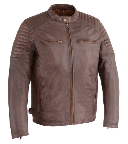 Men's Snap collar front zipper Broken brn leather jacket with rivet shoulders & Sides 