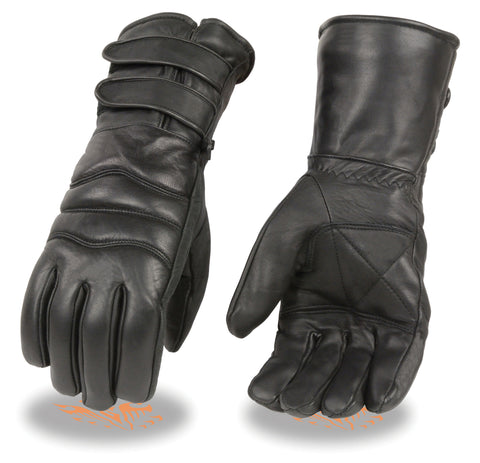Motorcycle men's butter soft Guantlet leather gloves with 2 Straps Blk 