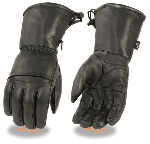 Men's Biker riding drawstring long guantlet blk sure grip leather gloves 