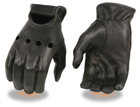 Men's Deer skin unlined driving leather gloves with knuckle cuts out & wrist strap 