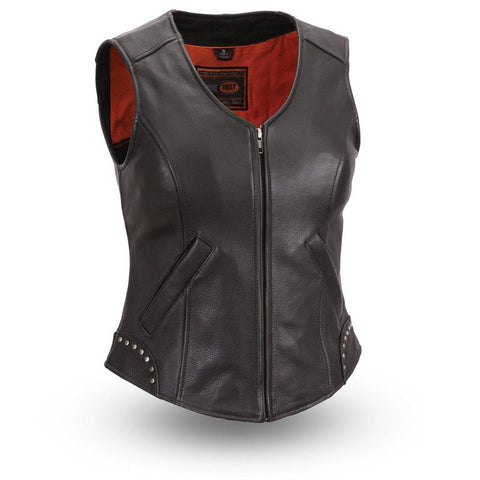 Motorcycle riding ladies front zipper leather vest with rivet detailing on back 