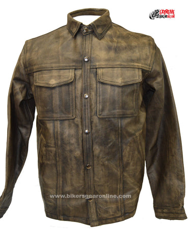 Men's Motorcycle Distressed Brn Leather Shirt with 2 Gun pockets 