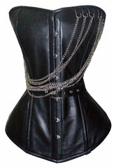 Women's Blk Sexy Bustier Leather Corset Lingerine with Chains