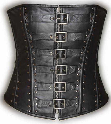 Women's Blk Sexy Bustier Leather Corset Lingerine with 6 front buckles and studs 