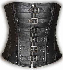 Women's Blk Sexy Bustier Leather Corset Lingerine with 6 front buckles and studs