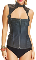 Women's Blk Sexy Bustier Real Leather Corset Lingerine with Collar with Front Zipper