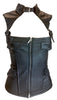 Women's Blk Sexy Bustier Real Leather Corset Lingerine with Collar with Front Zipper 