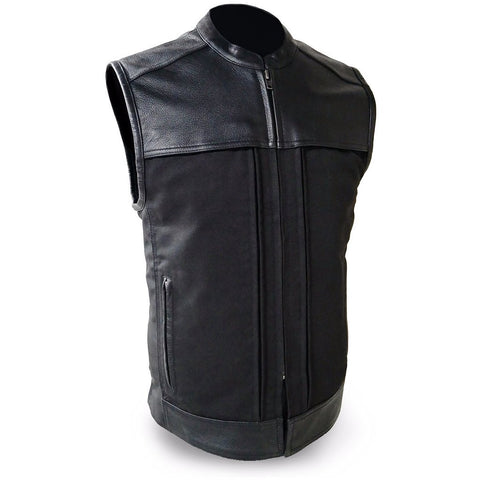 Men's Motorcycle Blk Textile Leather combo vest with 2 Front Pistol pete pockets 