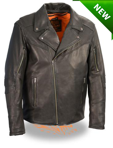 Men's Motorcycle Triple stitch updated police style leather jacket with vents 