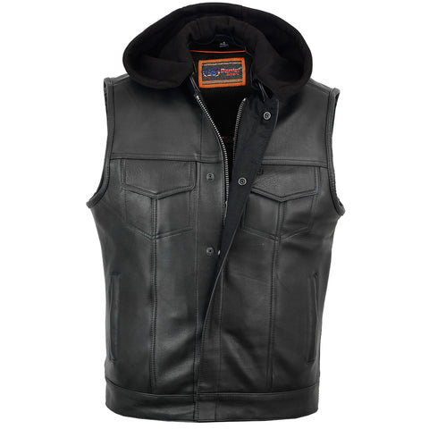 Men's Blk Son of Anarcy Patch holder Leather Vest Premium Soft Leather with Huddy 