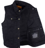 Men's Motorcycle 6 pocket blk denim vest with shirt collar & single panel back 