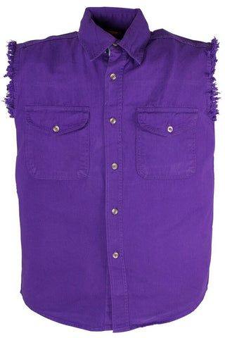 Men's Motorcycle Purple Cotton Half Sleeve Cut off shirt with fryed sleeves 