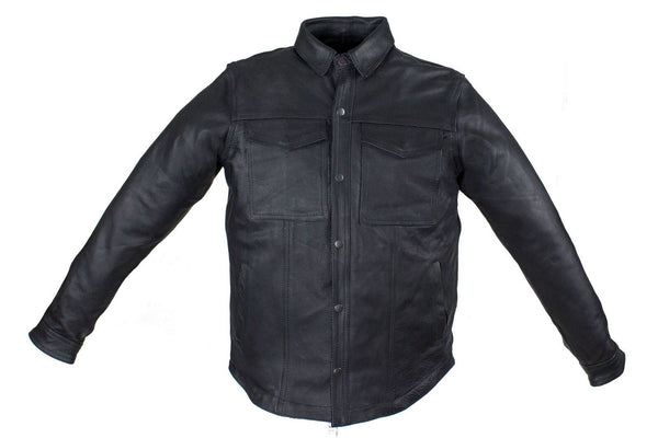 Men's Blk Motorcycle Leather Shirt with 2 chest pockets – Leather Place