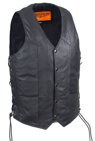 Men's Motorcycle Blk Classic Side lace plain leather vest with 2 Gun pockets 